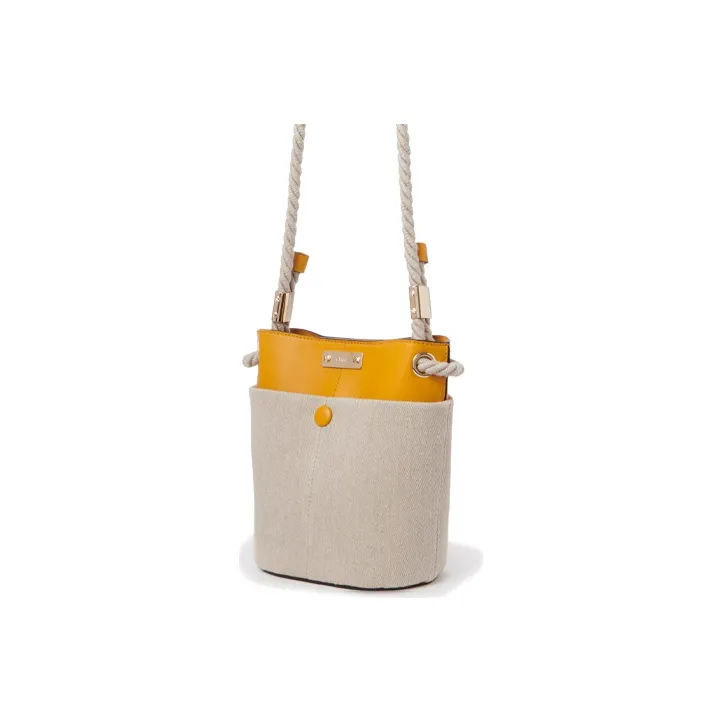 Chloe Key Linen With Calfskin Bucket Bag, Shoulder Bag, Crossbody Bag Small Size Women's Sunflower Yellow/Beige-2