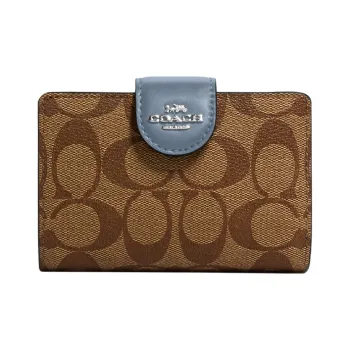 COACH Monogram Canvas With Leather Wallet Women's Dark Brown Khaki With Mist Blue Accents