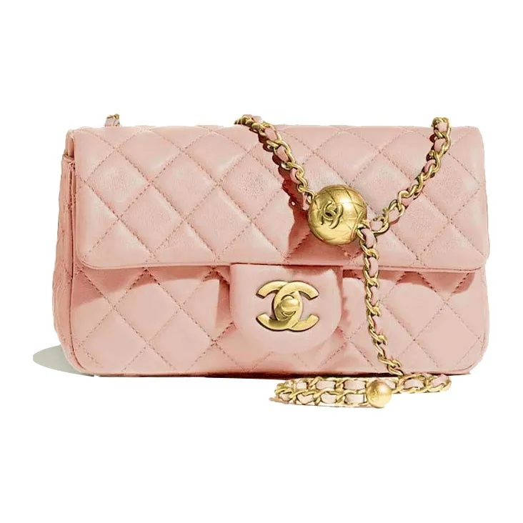 CHANEL Small Gold Ball Classic Flap CF Sheepskin Lipstick Bag Square Chubby Crossbody Bag Shoulder Bag Women's Pink-0