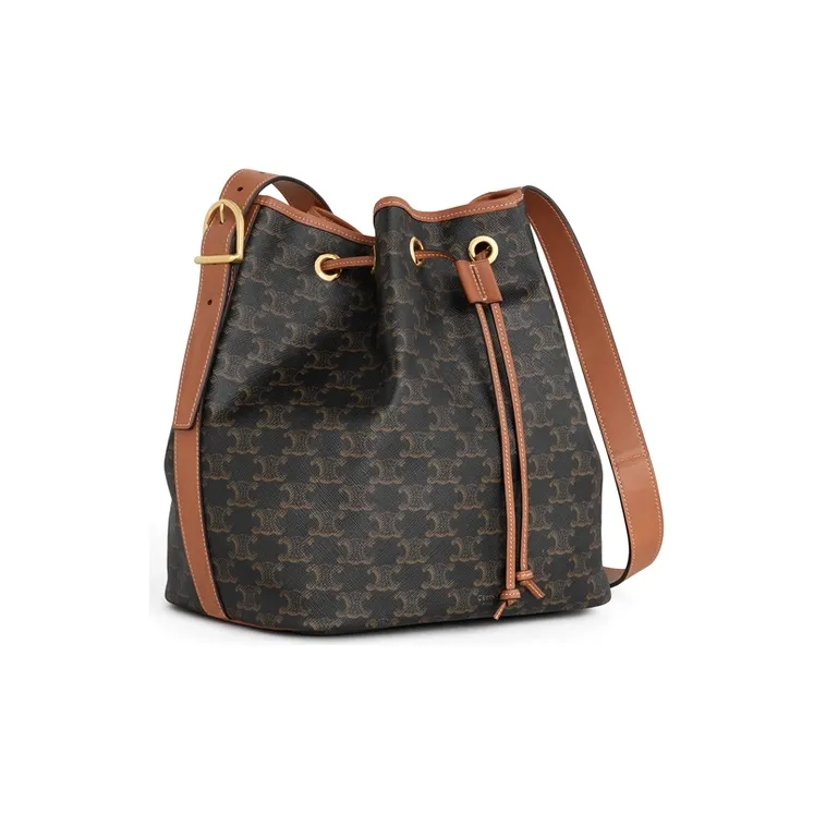 CELINE Triomphe Canvas With Calfskin Bucket Bag Handbag Shoulder Bag Crossbody Bag Large Size Women's Tawny-1