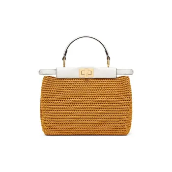 FENDI Peekaboo Viscose Blend With Sheepskin Shoulder Bag Crossbody Bag Handbag Mini Women's Yellow/White