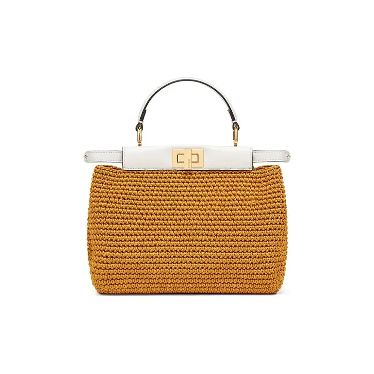 FENDI Peekaboo Viscose Blend With Sheepskin Shoulder Bag Crossbody Bag Handbag Mini Women's Yellow/White-0