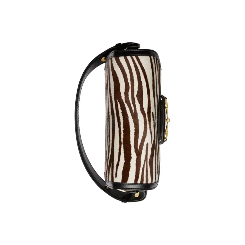GUCCI Horsebit 1955 Calf Hair Patchwork Leather Saddle Bag Crossbody Shoulder Bag Small Size Women's Brown & White-4