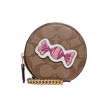 COACH Monogram Canvas With Leather Cylinder Bag, Coin Purse, One Shoulder Crossbody Chain Bag Mini Women's Khaki