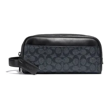 COACH Travel Kit Canvas With Leather Travel Bag Portable Makeup Bag Small Size Unisex Charcoal Black Monogram