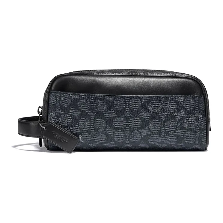 COACH Travel Kit Canvas With Leather Travel Bag Portable Makeup Bag Small Size Unisex Charcoal Black Monogram-0