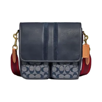 COACH Map Tanned Leather Messenger Bag, Shoulder Bag, Crossbody Bag Medium Size Men's Denim & Burgundy