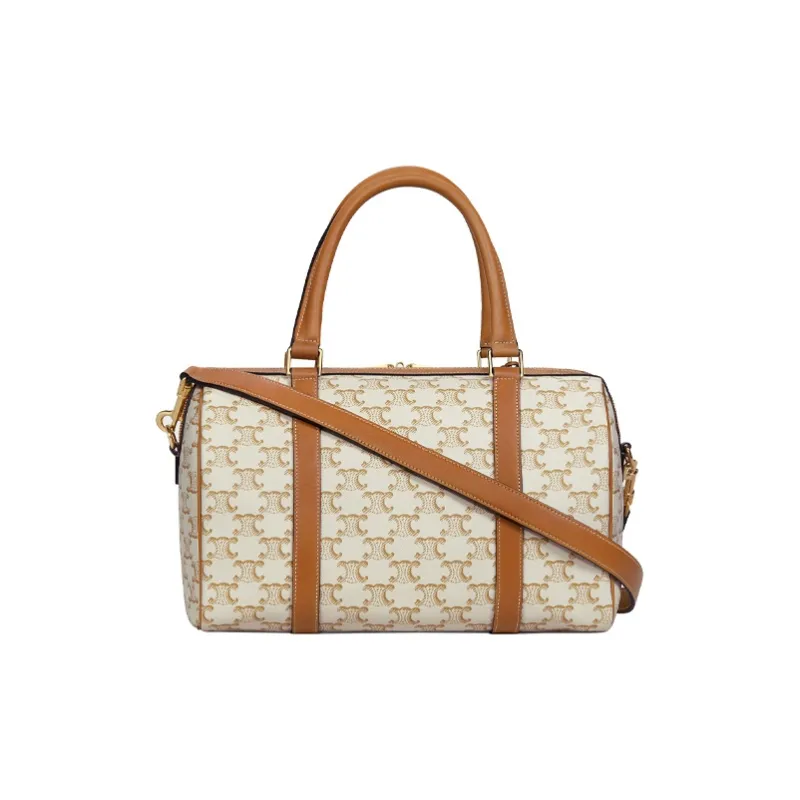 CELINE Triomphe Canvas And Calfskin Boston Bag Shoulder Bag Travel Bag Handbag Unisex White/Tawny-2