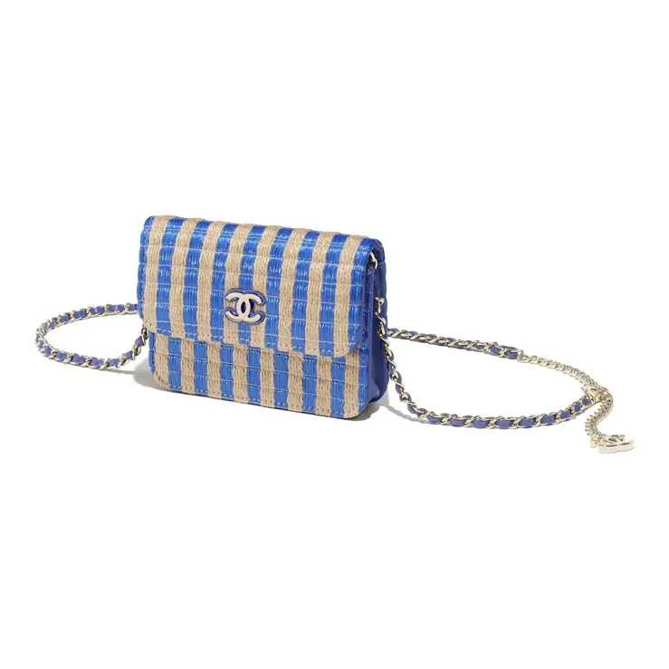 CHANEL Fiber & Yellow Jute Thread & Metal Shoulder Bag, Crossbody Bag, Fanny Pack Trumpets Women's Blue/Beige-2