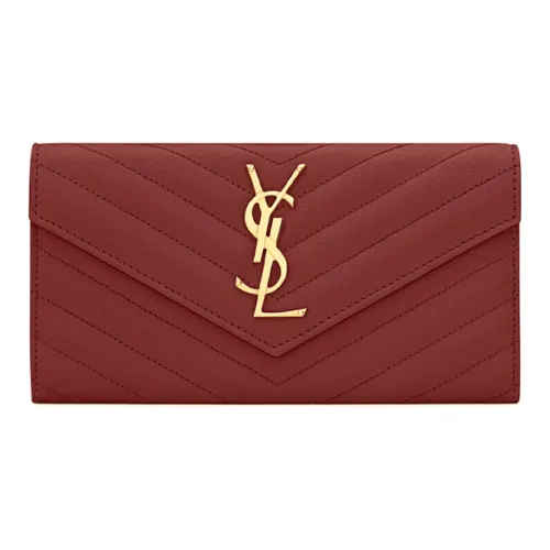 SAINT LAURENT Monogram Quilting Leather Long Flap Envelope Wallet Large Size Women's Red