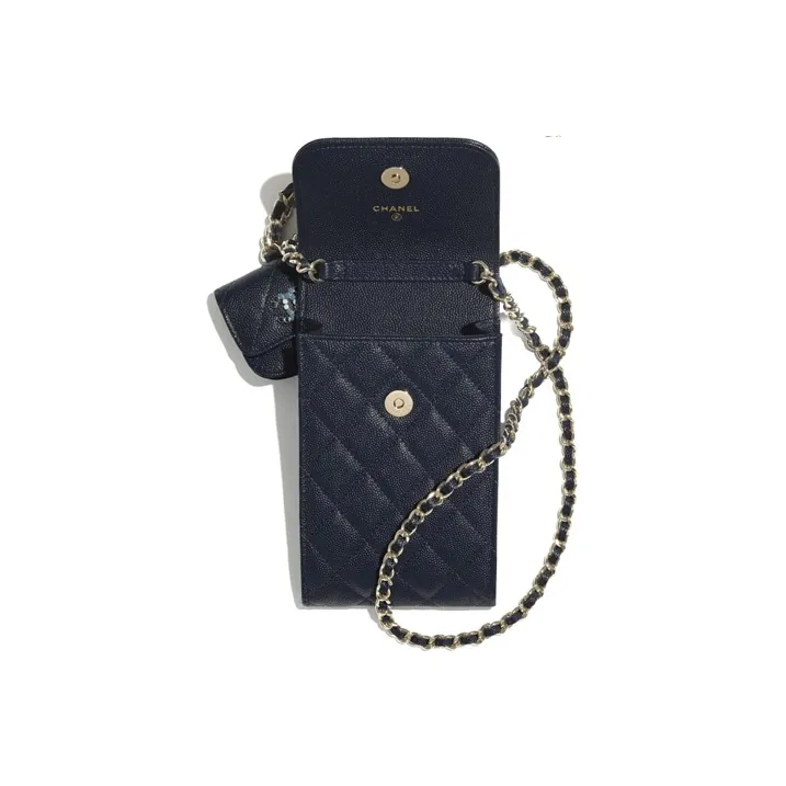 CHANEL Embossed Calfskin And Metal AIRPODS Headphone Case With Cell Phone Pouch Women's Dark Blue-2