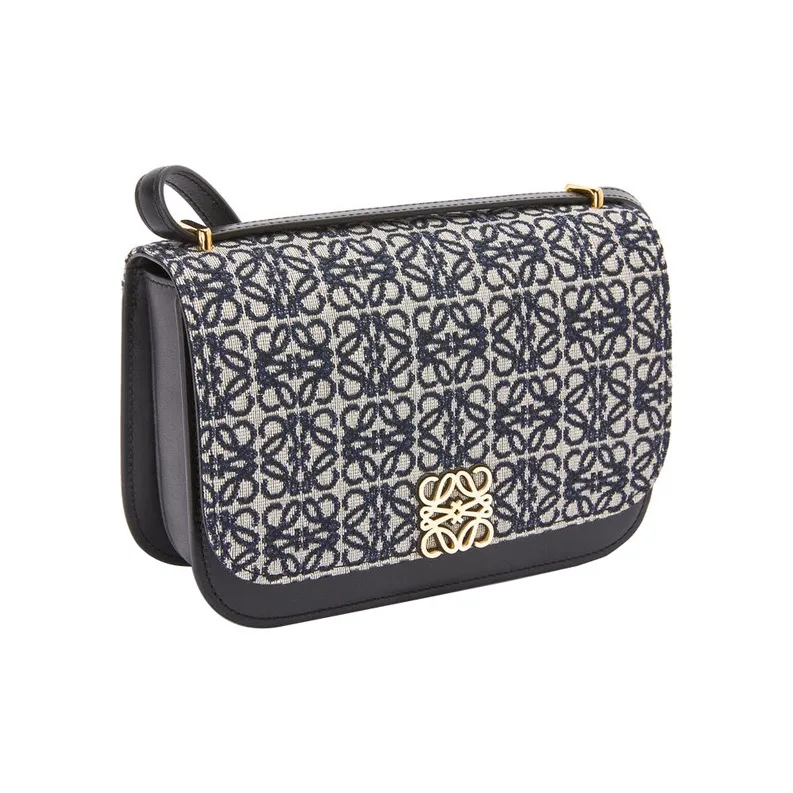 LOEWE Goya Jacquard Fabric With Calfskin Shoulder Bag Handbag Crossbody Bag Small Size Women's Marine Blue & Black-1