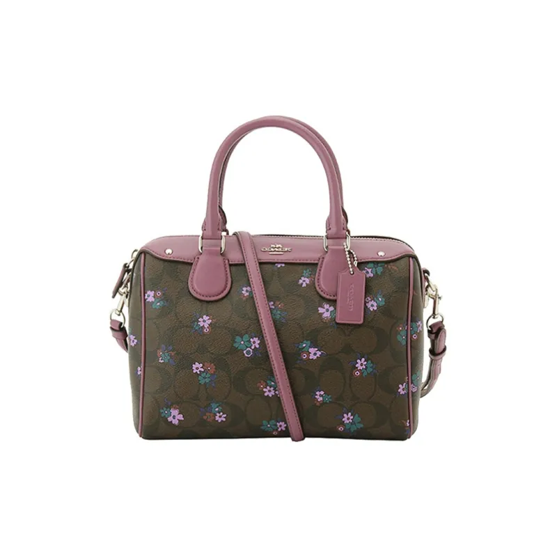 COACH Bennett Canvas Leather Boston Bag Shoulder Bag Crossbody Bag Handbag Medium Size Women's Brown Violet Multicolor-0