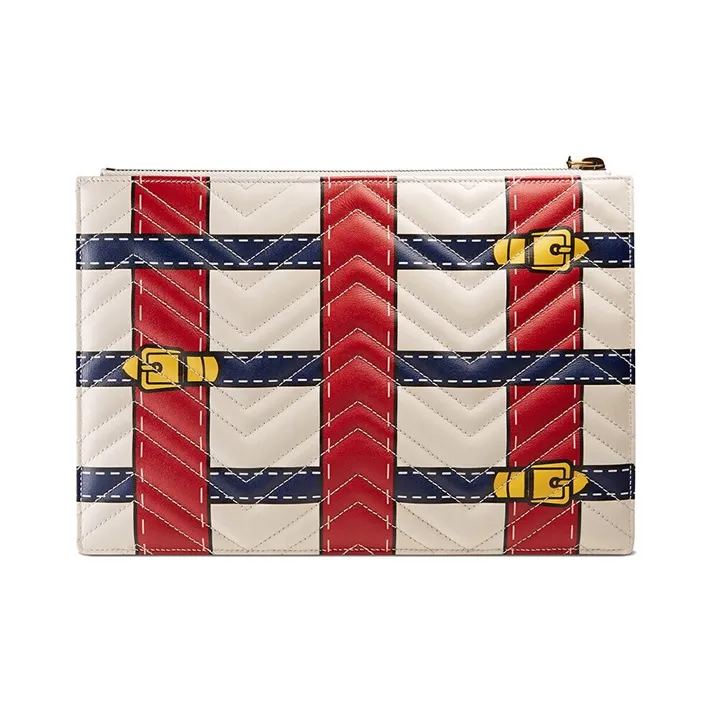 GUCCI Marmont Quilting Leather Clutch Women's White/Blue/Red-1