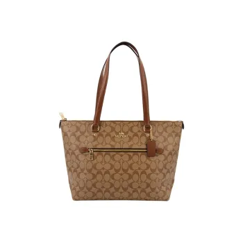 COACH Gallery Canvas With Leather Tote Bag, Shopping Bag, Handbag, Shoulder Bag Women's Khaki Brown