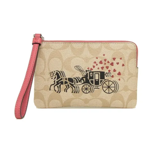 COACH Corner Zip Artificial Leather Cropped Clutch Coin Purse Small Size Women's Light Khaki