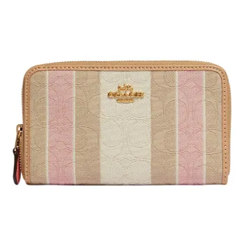 COACH Zip Around Fabric With Leather Clutches Wallets Small Size Women's Toffee Pink With Milk Tea Brown