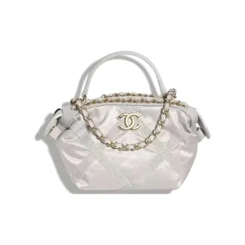 CHANEL Satin, Nylon Tote Bag, Shopping Bag, Handbag Women's Silver Gray