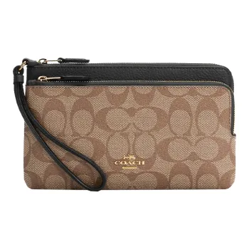 COACH Corner Zip Leather Clutch Card Holder Wallet Wrist Bag Regular Women's Brown & Black