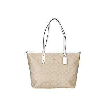 COACH City Zip Tote Canvas With Leather Tote Bag Shopping Bag Handbag Shoulder Bag Women's Light Khaki Monogram