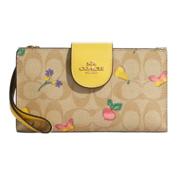 COACH Tech Wallet Canvas With Leather Clutch Wallet Wrist Bag Women's Light Khaki With Yellow Accents