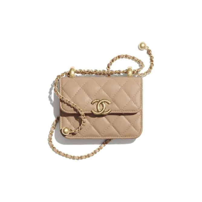 CHANEL Calfskin & Metal Crossbody Bag, Coin Purse Trumpets Women's Milk Tea-0