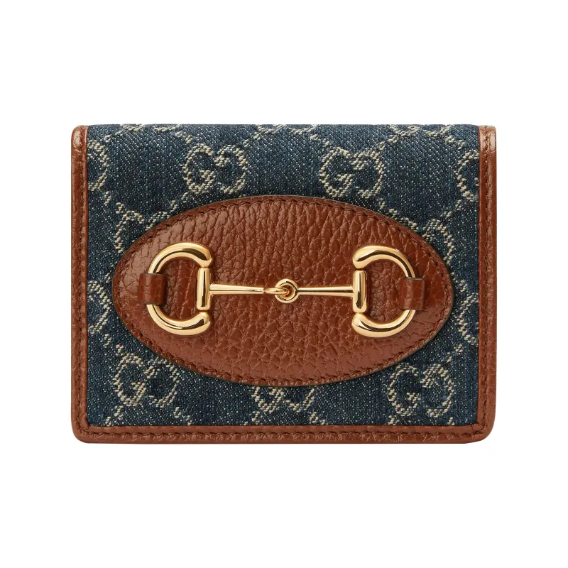 GUCCI Horsebit 1955 Canvas Wallet, Card Holder Women's Brown & Blue-0