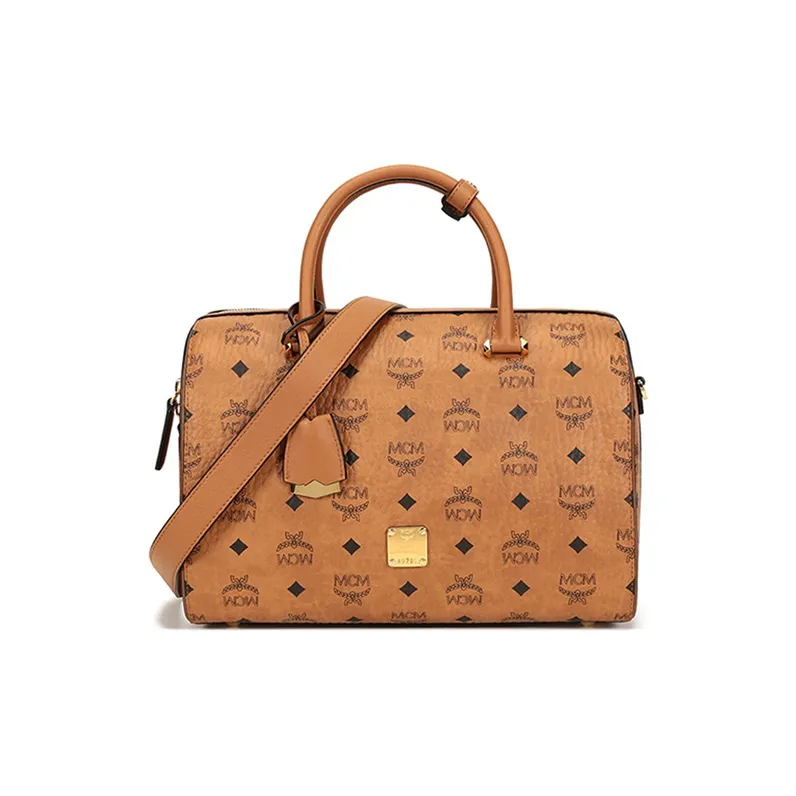 MCM Essential Visetos Origina Canvas With Leather Boston Bag, Handbag, Crossbody Bag, Shoulder Bag Women's Brown Cognac-0