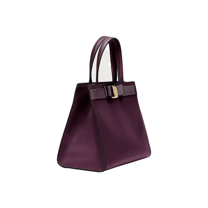 FERRAGAMO Vara Satin Natural Grain Cow Leather Tote Bag Shopping Bag Handbag Medium Size Women's Purple-1