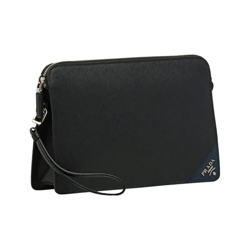 PRADA Saffiano Leather Clutch Men's Black/Baltic Blue-1