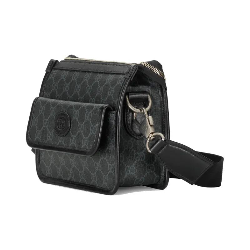 GUCCI GG Retro Series Leather Paneled Canvas Messenger Bag Crossbody Bag Shoulder Bag Men's Black Gray Color-2