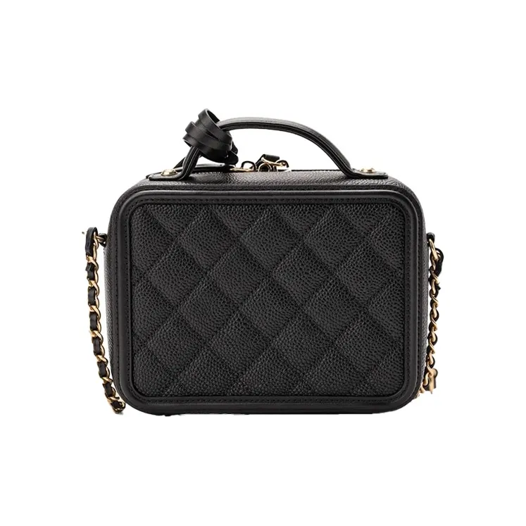 CHANEL Calfskin Box Shaped Bag, Makeup Bag, One Shoulder Bag, Handbag Mini Women's Black-1