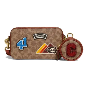 COACH Charter Canvas Leather Crossbody Combo Bag, Sling Bag Mini Women's Khaki & Brick Red