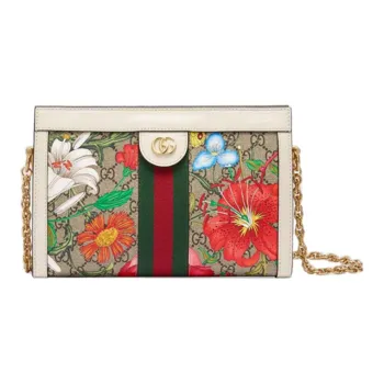 GUCCI Ophidia Canvas With Leather Crossbody Bag, Shoulder Bag Women's Ebony & White & Multicolor