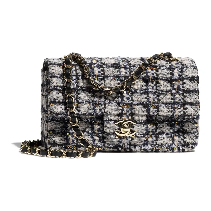 CHANEL Tweed Shoulder Bag, Crossbody Bag Women's Marine Blue & Silver & Gray-0