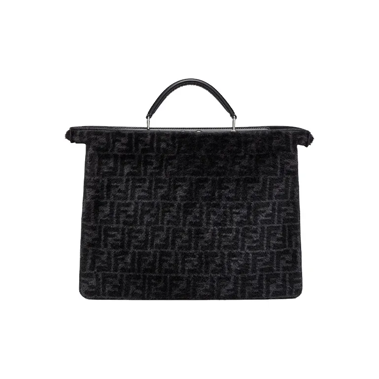FENDI Peekaboo ISeeU Sheep Wool Calfskin Tote Bag Shoulder Bag Crossbody Bag Handbag Medium Size Men's Black-3