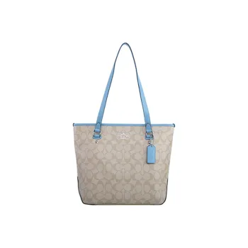 COACH Zip Top Tote Canvas With Leather Shoulder Bag Large Size Women's Light Khaki With Light Blue Accents