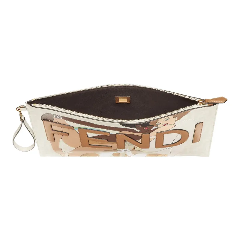 FENDI Cow Leather Clutch Large Size Unisex White/Multicolor-4