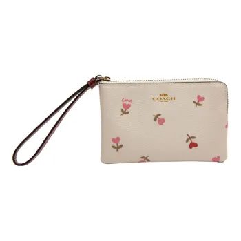 COACH Leather Mahjong Coin Purse Wrist Bag Clutch Women's White Pink