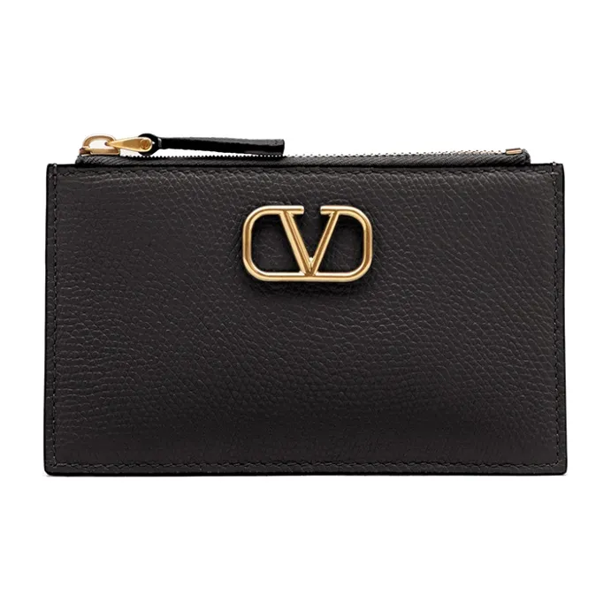 Valentino Vlogo Grain Calfskin Card Holder, Coin Purse, Card Holder Women's Black-0
