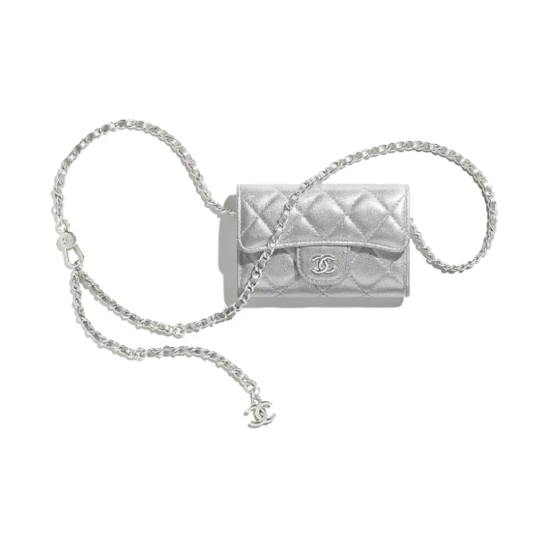 CHANEL Sheepskin And Metal Chain Bag Waist Chain Fanny Pack Trumpets Women's Silver-0