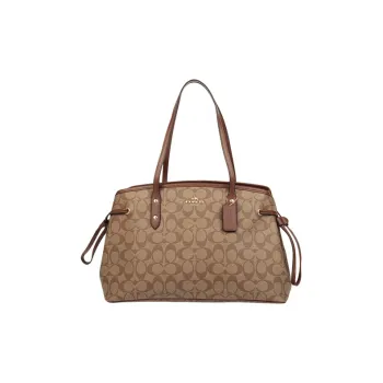 COACH Drawstring Canvas With Leather Shoulder Bag Crossbody Bag Handbags Large Size Women's Khaki
