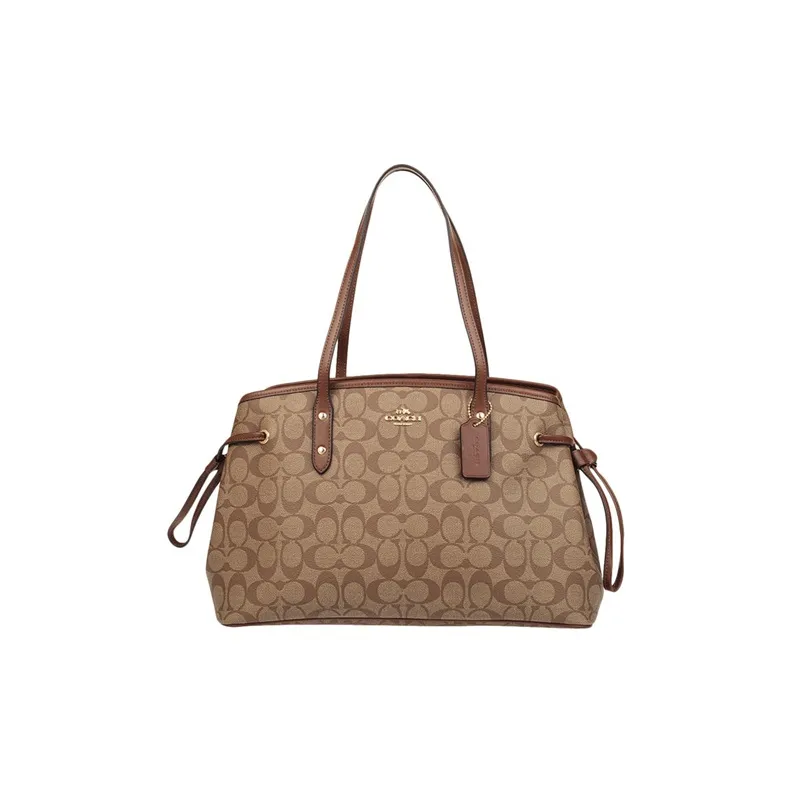 COACH Drawstring Canvas With Leather Shoulder Bag Crossbody Bag Handbags Large Size Women's Khaki-0
