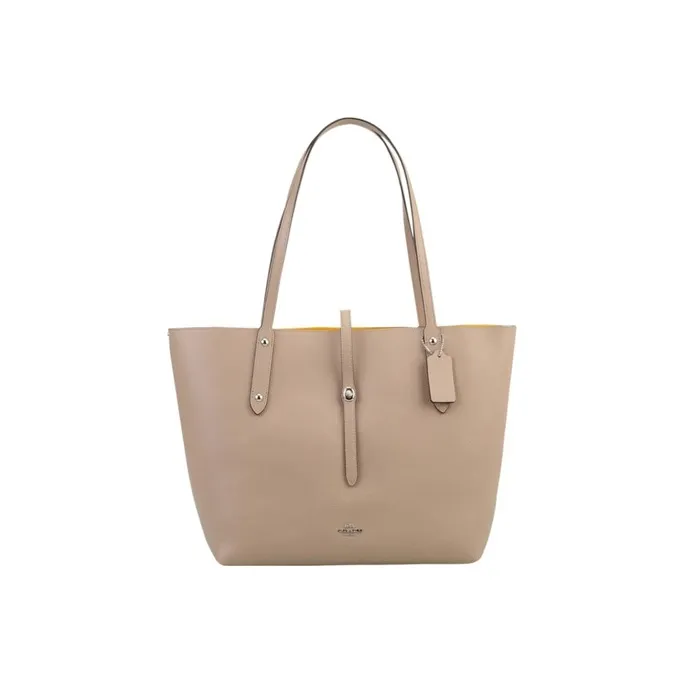 COACH Market Tote Polished Grained Leather Tote Bag Crossbody Bag One Shoulder Handbag Large Size Women's Light Brown-0