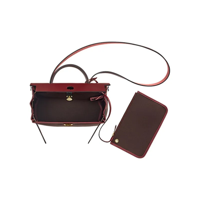HERMES Herbag Cowhide Patchwork Canvas Handbag Shoulder Bag Crossbody Bag Chocolate With Hermès Red Accents-2