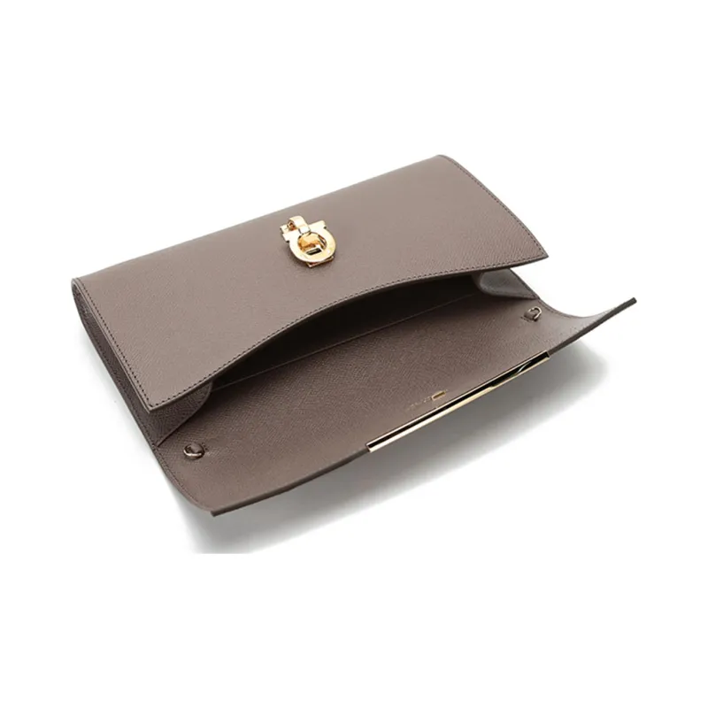 FERRAGAMO GANCINI Cow Leather Shoulder Bag, Clutch Handbag, Shoulder Bag Women's Gray Brown-5