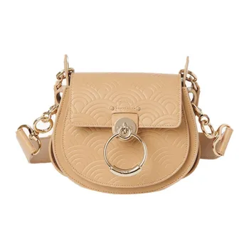 Chloe Tess Shiny Calfskin Saddle Bag Handbag Shoulder Bag Crossbody Bag Small Size Women's Soft Tan