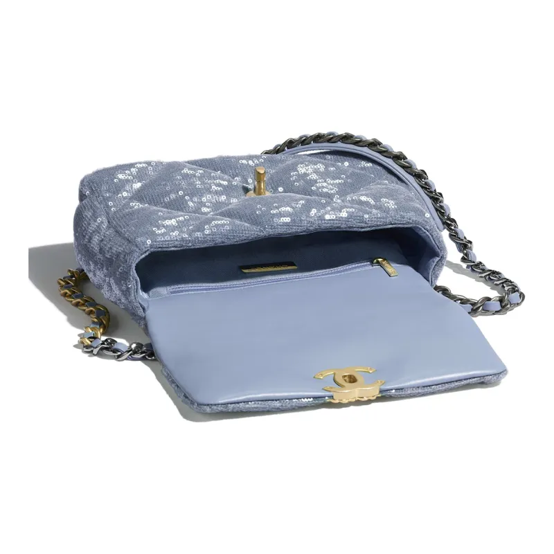 CHANEL 19Bag Sequins Calfskin Metal Flap Bag, Shoulder Bag, Crossbody Bag Trumpets Women's Sky Blue-2