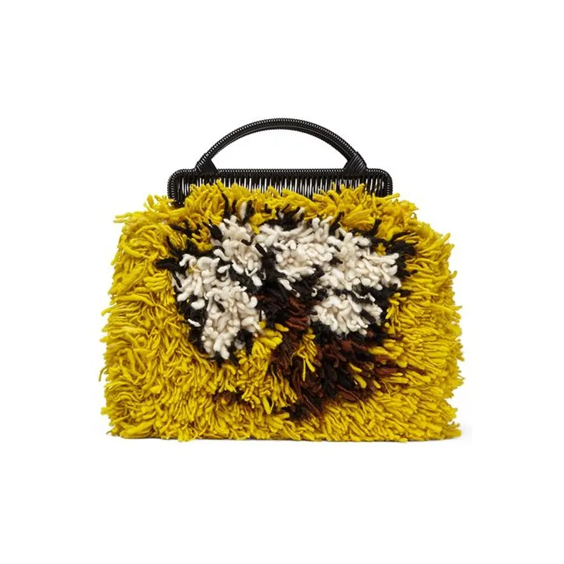 MARNI Shearling Grass Fabric, Leather Logo Handbag Women's Yellow/Brown/White-4