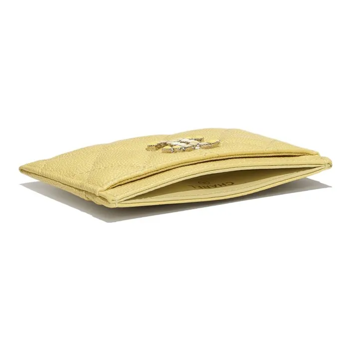 CHANEL Caviar Calfskin And Metal Card Holder Women's Yellow-3